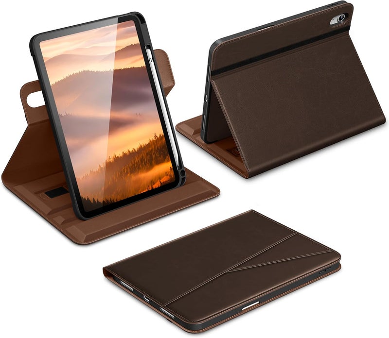 DTTO for iPad A16 Case, iPad 11th / 10th Generation Case (2025/2022), 360 Degree Rotating Premium Leather Folio Stand Cover with Pencil Holder, Dark Brown - Image 1